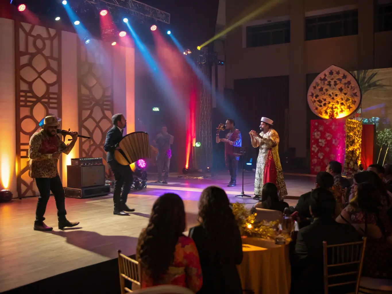 A photograph of a cultural event organized by ASSOCIATION POUR LE SOUTIEN DES ARTS SINGULIERS PLURIELS MAISON MARGUERITES, featuring live music, dance, or theatrical performance, with an enthusiastic audience.