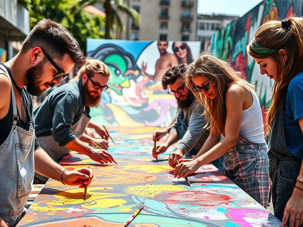 A dynamic image of artists collaborating on a community mural project, demonstrating the organization's dedication to community engagement and local development through collaborative art initiatives.