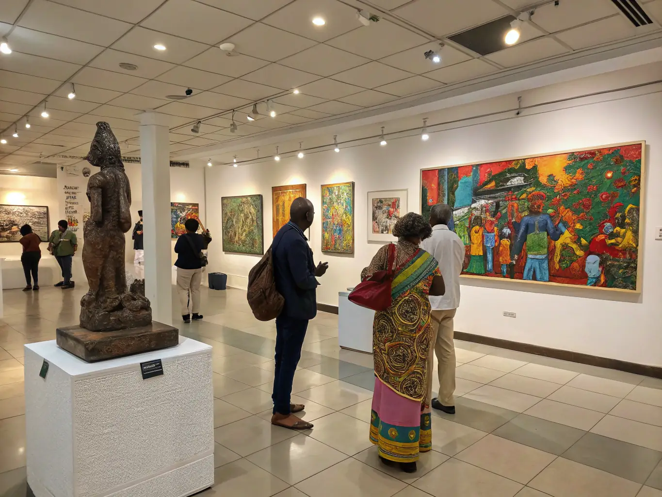 A photograph capturing a vibrant art exhibition featuring works from local artists, showcasing a diverse range of styles and mediums, reflecting the organization's support for the arts community.