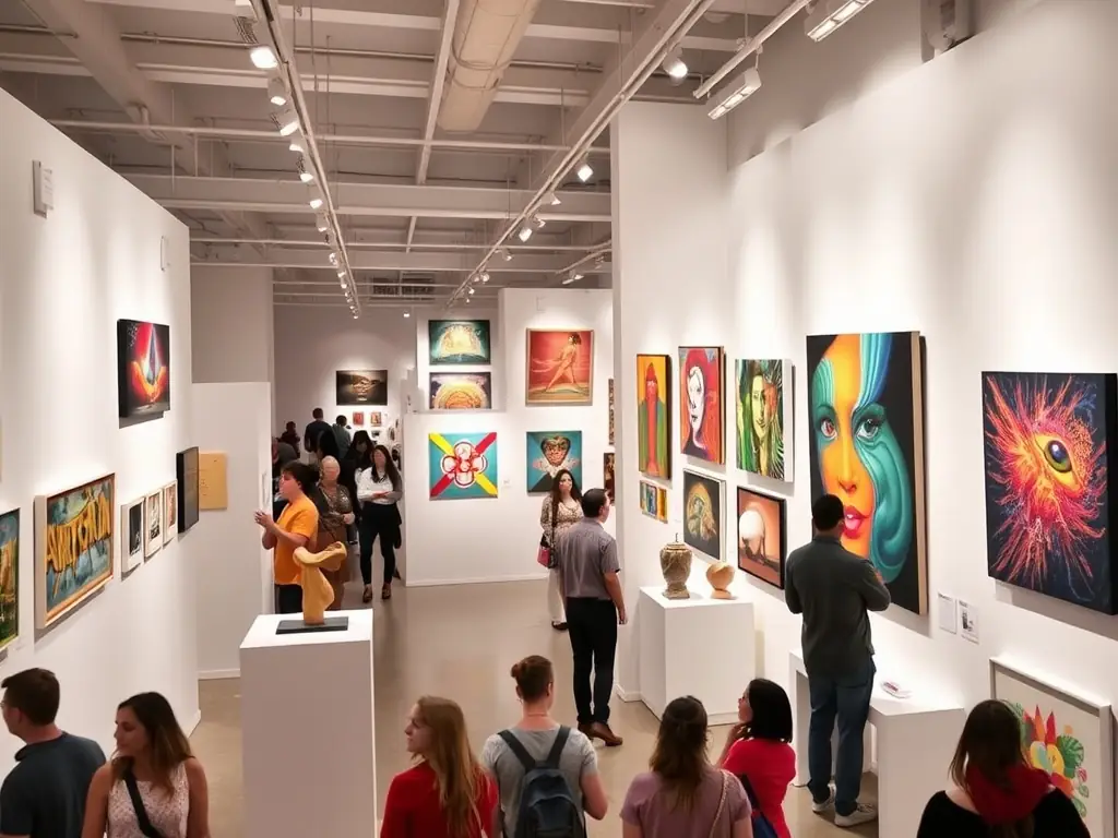 A vibrant photograph capturing the energy of a past art exhibition hosted by ASSOCIATION POUR LE SOUTIEN DES ARTS SINGULIERS PLURIELS MAISON MARGUERITES, showcasing diverse artworks and engaged attendees.