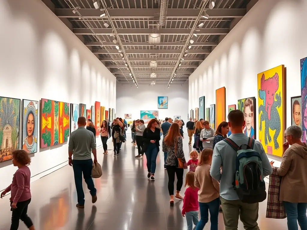 A photograph capturing an art exhibition organized by the association, featuring diverse artworks and attendees from various backgrounds, highlighting the organization's role in promoting cultural participation and artistic appreciation.