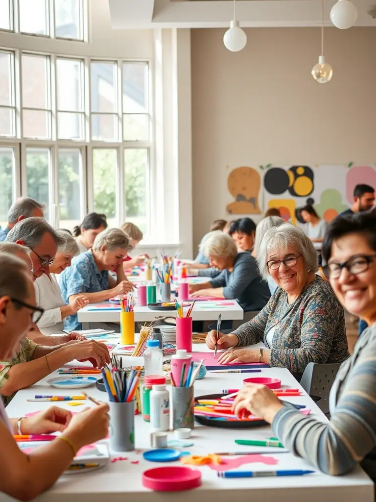 A vibrant image depicting a diverse group of people participating in an art workshop, showcasing inclusivity and community engagement.