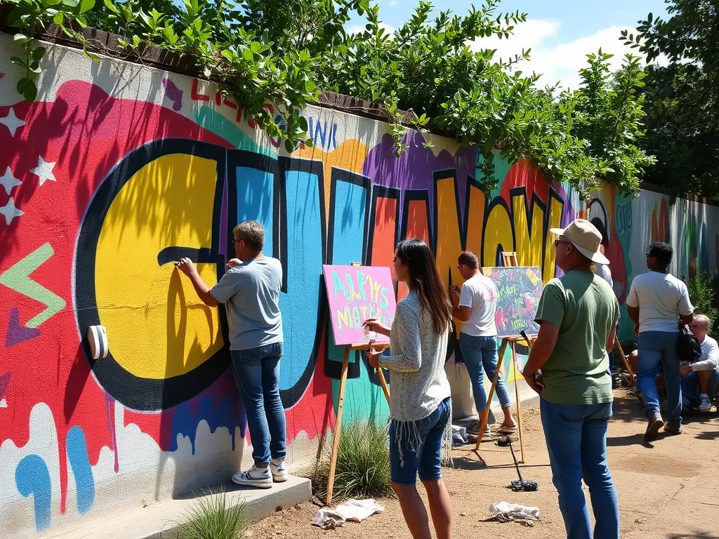 A group of diverse young adults are collaboratively painting a large mural in a community space, showcasing vibrant colors and expressive designs, reflecting the organization's youth engagement program.