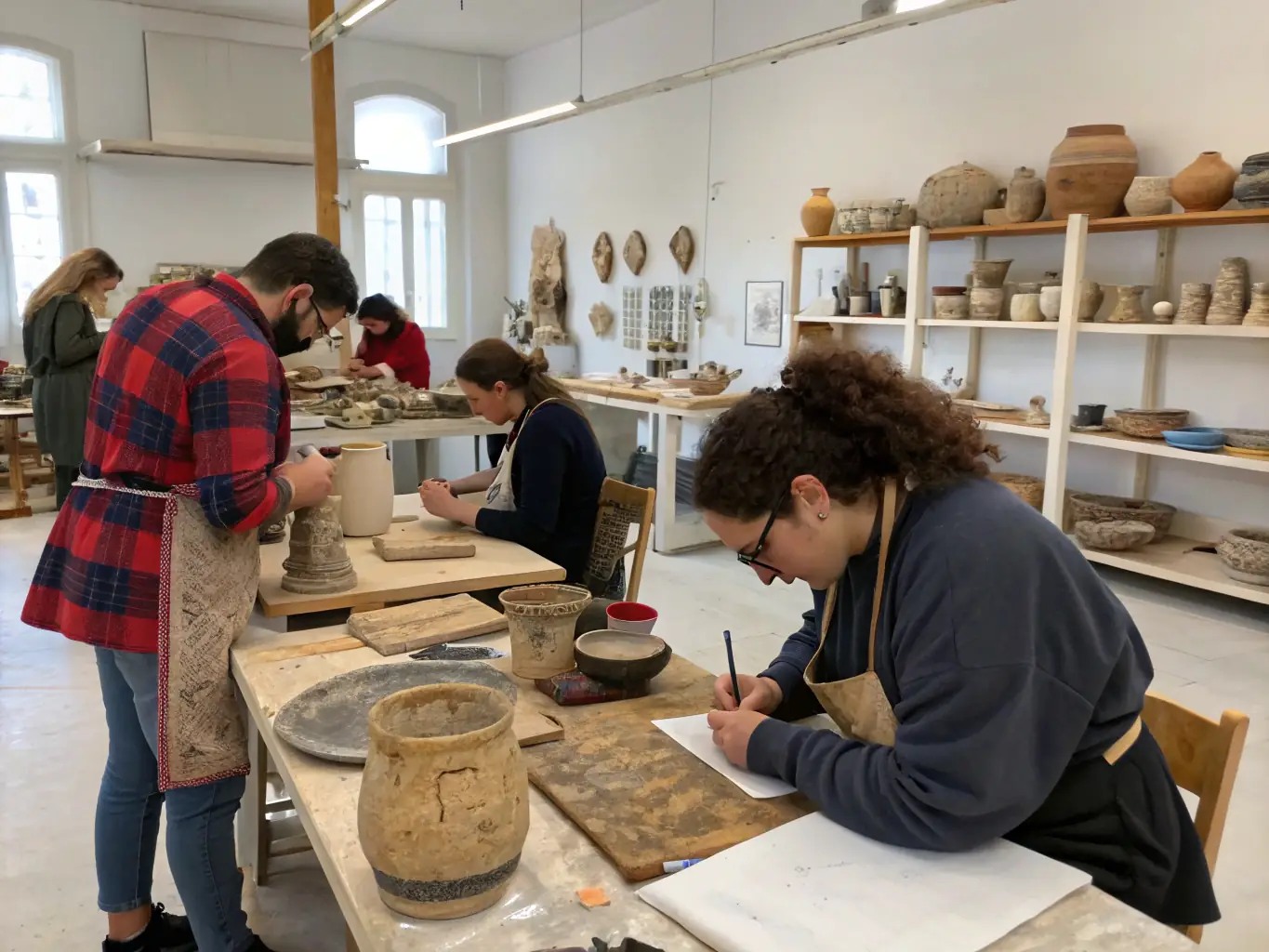 A professional artist is guiding a workshop for adults, demonstrating techniques in sculpture using recycled materials, highlighting the organization's commitment to sustainable art practices.