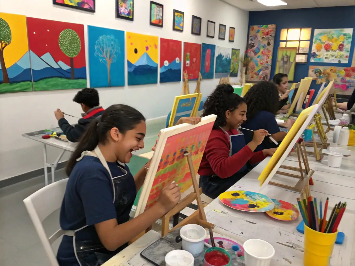 A vibrant image depicting children participating in an art workshop, surrounded by colorful paintings and art supplies, showcasing the organization's commitment to youth engagement and creative education.
