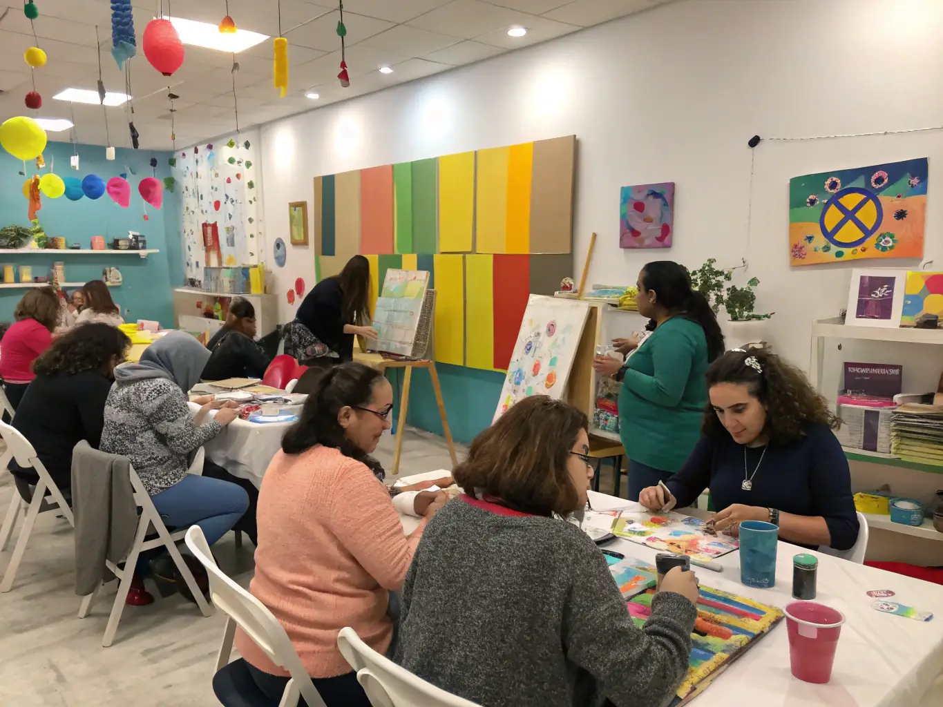 A photograph of a community workshop in progress, facilitated by ASSOCIATION POUR LE SOUTIEN DES ARTS SINGULIERS PLURIELS MAISON MARGUERITES, showing participants actively engaged in a creative activity.